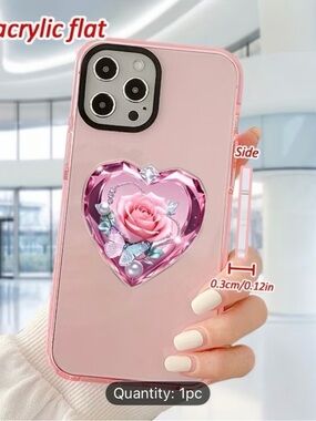 Elegant Acrylic Pink Heart Floral Phone Stand